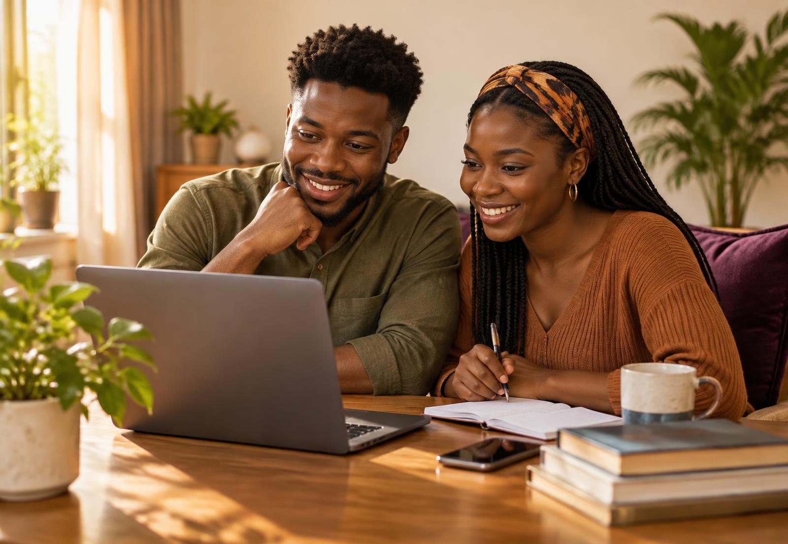 Illustrative image of a young couple following an online class together at home
